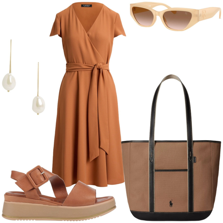 Outfit donna - Pomeriggio di compere. Stile Casual chic per Tutti i giorni. Abbinamento con sandali in pelle, vestiti, borse tote, occhiali da sole, orecchini.