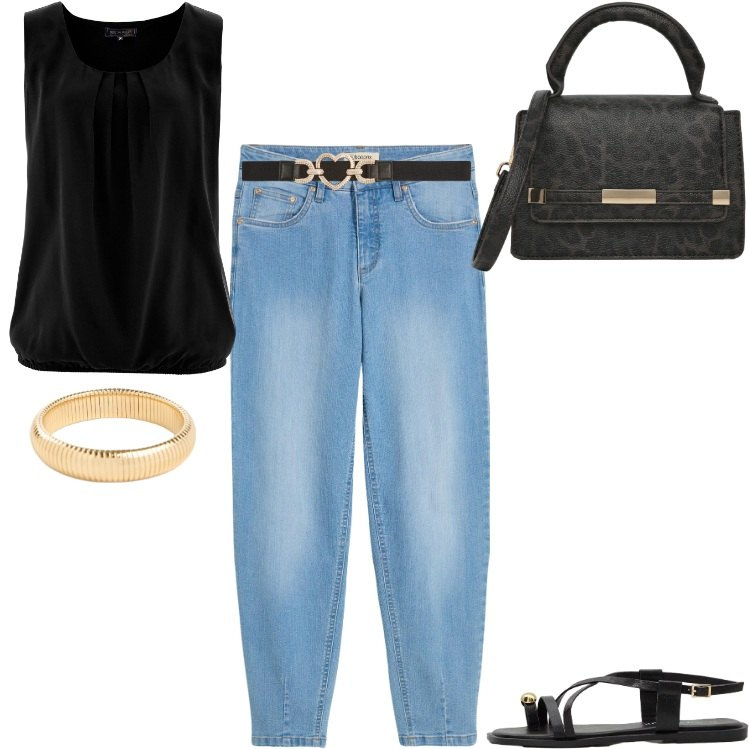 Outfit donna - Passeggiata in città. Stile Casual per Tutti i giorni. Abbinamento con jeans, top, braccialetti, sandali, cinture, borse a tracolla.