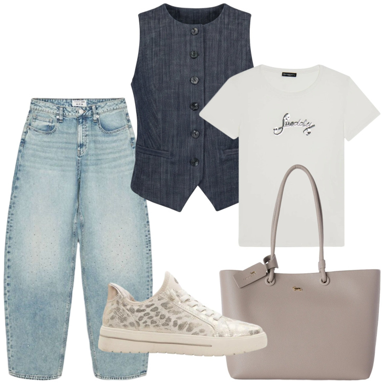 Outfit donna - Total look #2457723. Stile Mannish per Tutti i giorni. Abbinamento con sneakers, shopping bag, jeans, t-shirt, gilet.
