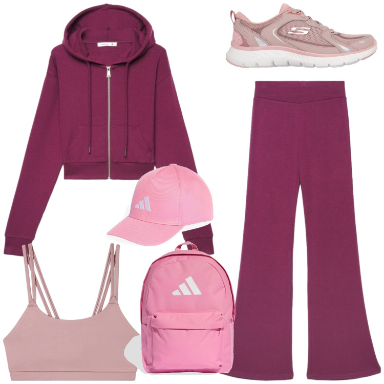 Outfit donna - Stilisa in palestra. Stile Sporty chic per Sport. Abbinamento con felpe con cappuccio, leggings, top sportivi, scarpe sportive, zaini, cappelli con visiera.