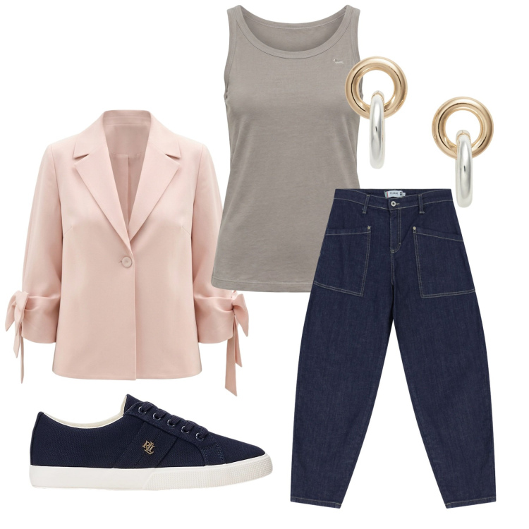 Outfit donna - Total look #2457726. Stile Casual chic per Ufficio. Abbinamento con canottiere, blazer, jeans, orecchini, sneakers.