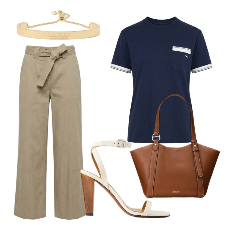 Outfit donna - Saldi H&B. Stile Casual chic per Tutti i giorni. Abbinamento con t-shirt, pantaloni, sandali in pelle, braccialetti, borse tote.