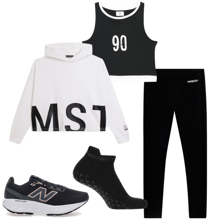 Outfit donna - Pilates class. Stile Casual per Sport. Abbinamento con canottiere, calzini, felpe con cappuccio, leggings, scarpe sportive.