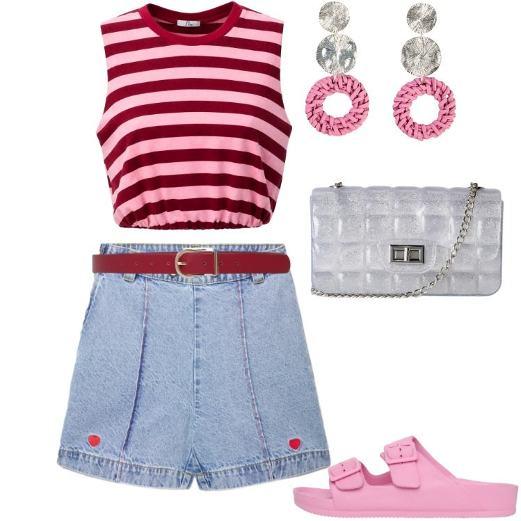 Outfit donna - Massimo comfort per tutta la giornata. Stile Basic per Tutti i giorni. Abbinamento con orecchini, borse a tracolla, shorts, cinture, ciabatte, top.