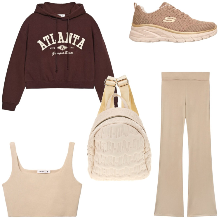 Outfit donna - Sportwear. Stile Sporty chic per Sport. Abbinamento con leggings, canottiere, felpe con cappuccio, zaini, scarpe sportive.