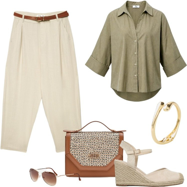 Outfit donna - Pantaloni chino in lino. Stile Basic per Ufficio. Abbinamento con braccialetti, occhiali da sole, pantaloni chino, zeppe, camicie, pochette.