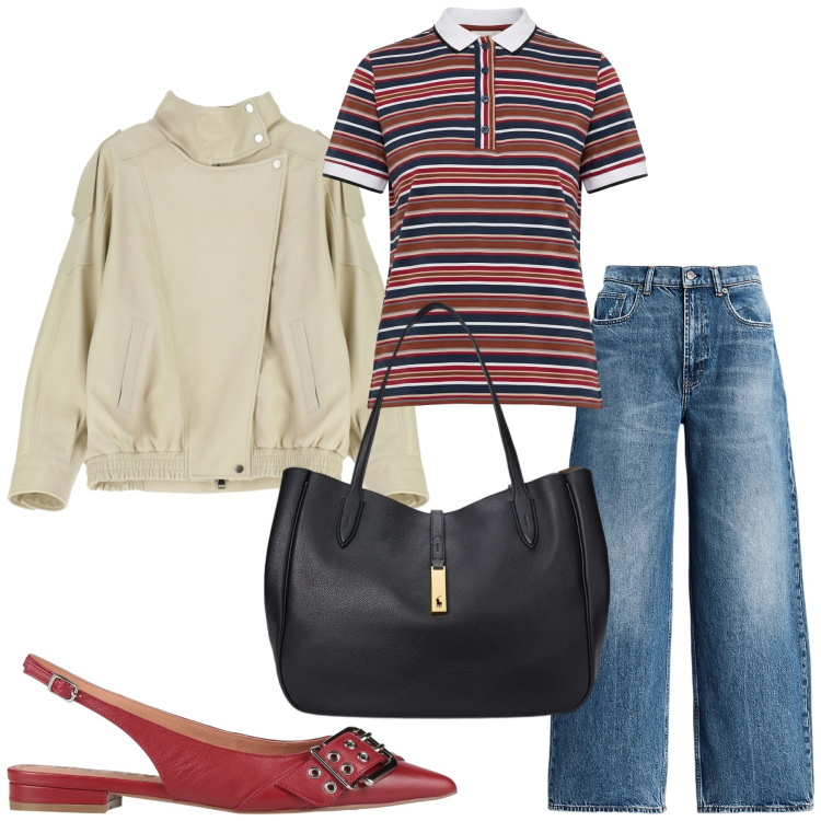Outfit donna - Total look #2457749. Stile Casual chic per Tutti i giorni. Abbinamento con ballerine, polo, giacche, jeans, borse tote.