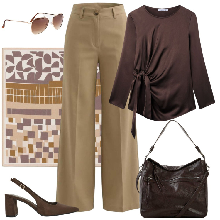 Outfit donna - Toni autunnali per l\'ufficio. Stile Chic per Ufficio. Abbinamento con occhiali da sole, shopping bag, bluse, décolleté, foulard, pantaloni a palazzo.