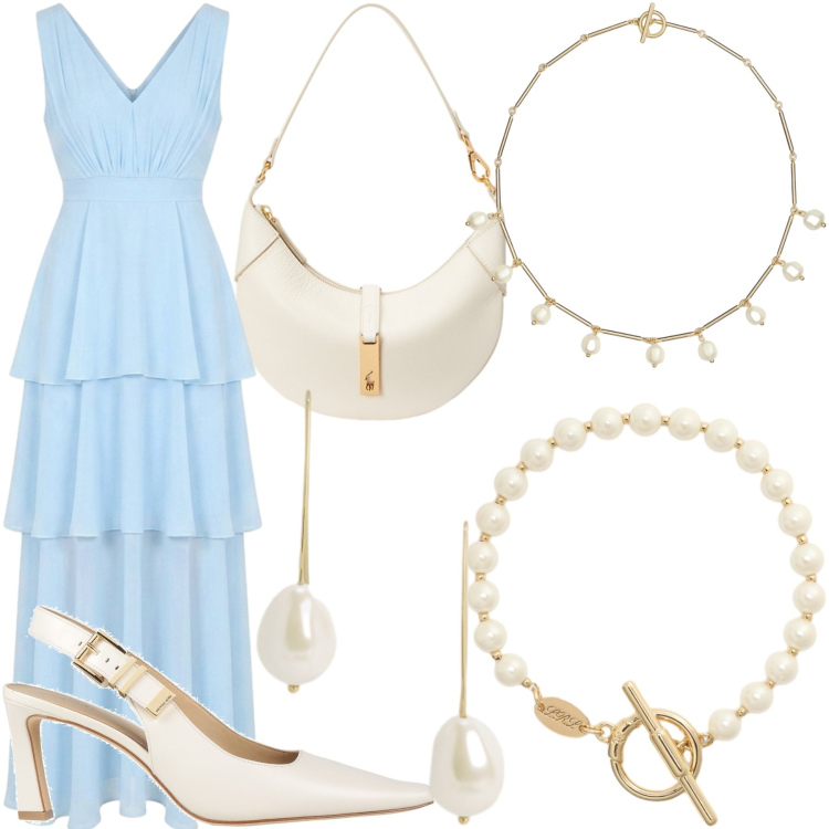 Outfit donna - 🩵light blue 🩵. Stile Casual chic Abbinamento con décolleté, borse a spalla, orecchini, collane, braccialetti, vestiti lunghi.