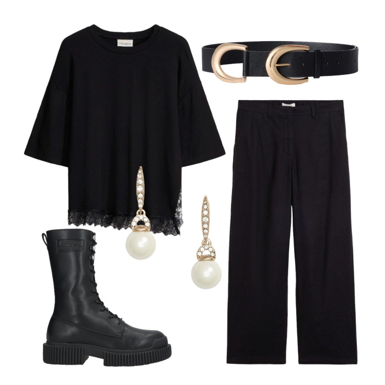 Outfit donna - Si festeggia. Stile Minimal per Cerimonia. Abbinamento con stivaletti, t-shirt, pantaloni, cinture, orecchini.