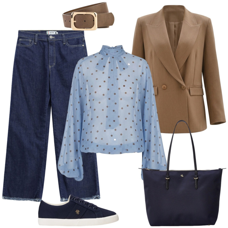 Outfit donna - Jeans e blazer, très chic!. Stile Casual chic per Ufficio. Abbinamento con cinture, jeans dritti, bluse, borse tote, sneakers, blazer.