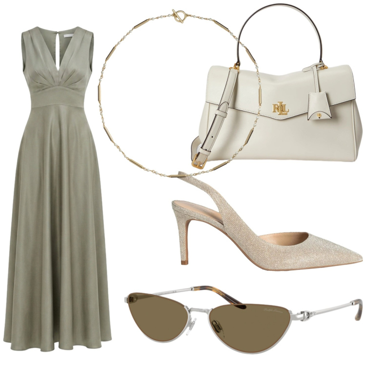 Outfit donna - Casuale. Stile Casual chic Abbinamento con décolleté, occhiali da sole, borse a mano, collane, vestiti lunghi.