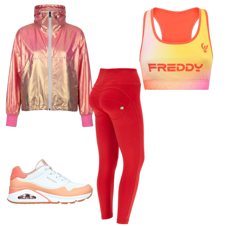 Outfit donna - Six seven. Stile Sporty chic per Sport. Abbinamento con top, pantaloni skinny, bomber, sneakers.