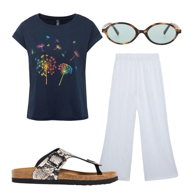 Outfit donna - Agosto. Stile Casual per Tutti i giorni. Abbinamento con t-shirt, infradito, pantaloni, occhiali da sole.