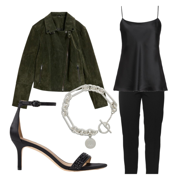 Outfit donna - Agosto curvy. Stile Casual chic per Serata fuori. Abbinamento con top, pantaloni, giacche, braccialetti, sandali col tacco.