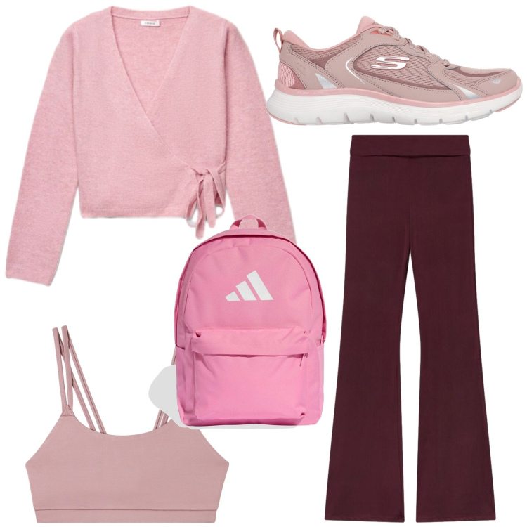 Outfit donna - Nuance romantiche in palestra. Stile Sporty chic per Sport. Abbinamento con canottiere, leggings, top, scarpe sportive, zaini.