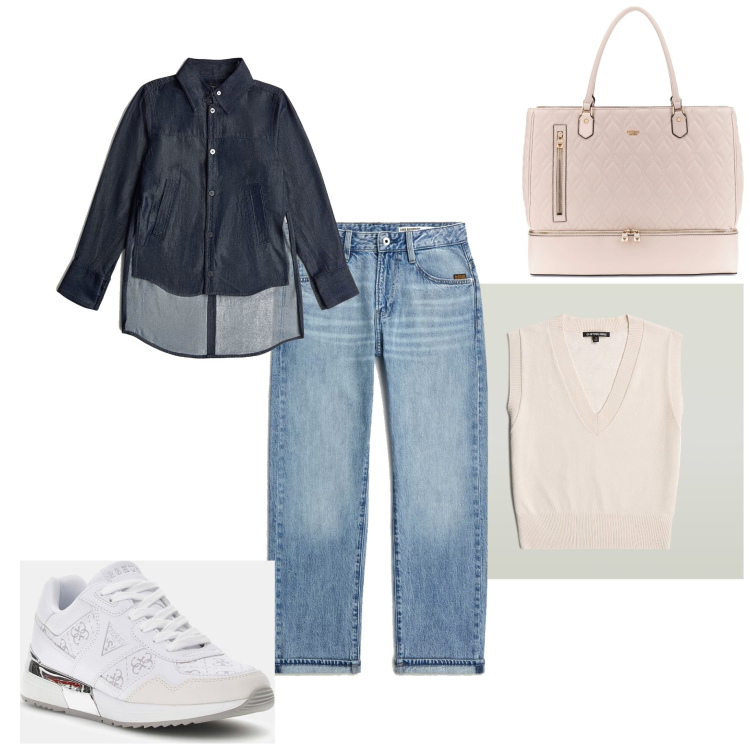 Outfit mujer - Casual #7651. Estilo Casual para Todos los días. Combinación con bolso tote, camisas, chalecos, vaqueros boyfriend, sneakers.