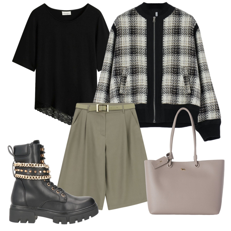 Outfit donna - Serata chic. Stile Chic per Serata fuori. Abbinamento con anfibi, t-shirt, shopping bag, bomber, bermuda.