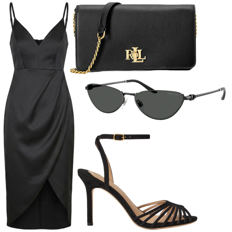 Outfit donna - black. Stile Casual chic per Serata fuori. Abbinamento con borse a mano, sandali col tacco, occhiali da sole, vestiti asimmetrici.