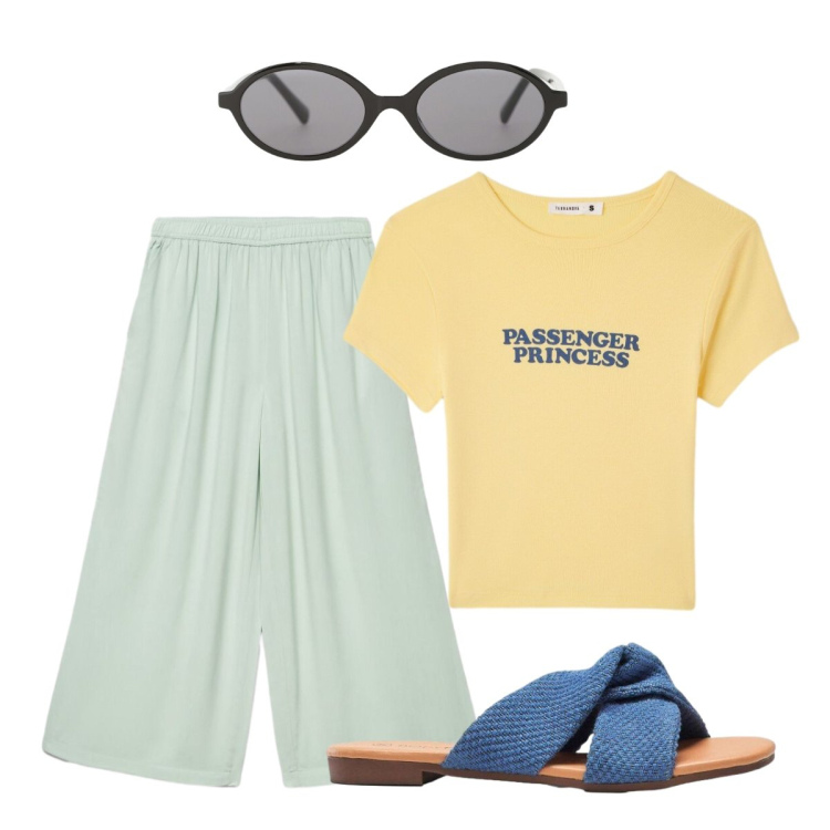 Outfit donna - Look estivo. Stile Urban per Tutti i giorni. Abbinamento con ciabatte, t-shirt, pantaloni a palazzo, occhiali da sole.
