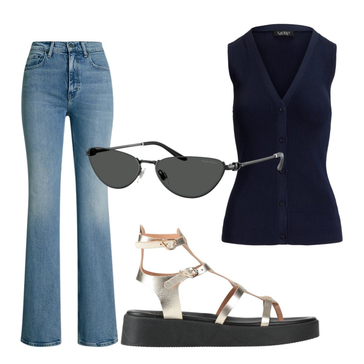 Outfit donna - Jeans in agosto. Stile Basic per Tutti i giorni. Abbinamento con infradito, jeans bootcut, occhiali da sole, cardigans.
