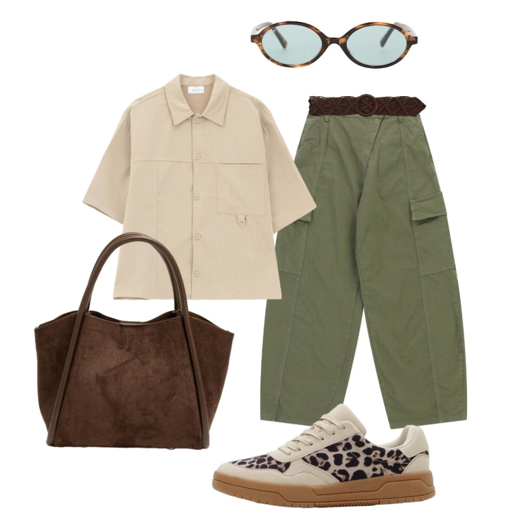 Outfit donna - Classico e di tendenza. Stile Casual chic per Tutti i giorni. Abbinamento con sneakers, cinture, pantaloni cargo, occhiali da sole, camicie, borse a spalla.