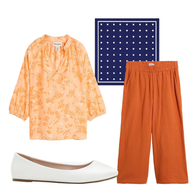 Outfit donna - Casual chic. Stile Casual chic per Tutti i giorni. Abbinamento con ballerine, tuniche, pantaloni, foulard.