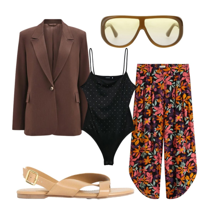 Outfit donna - Appuntamento informale. Stile Trendy per Tutti i giorni. Abbinamento con sandali, pantaloni, top, occhiali da sole, blazer.