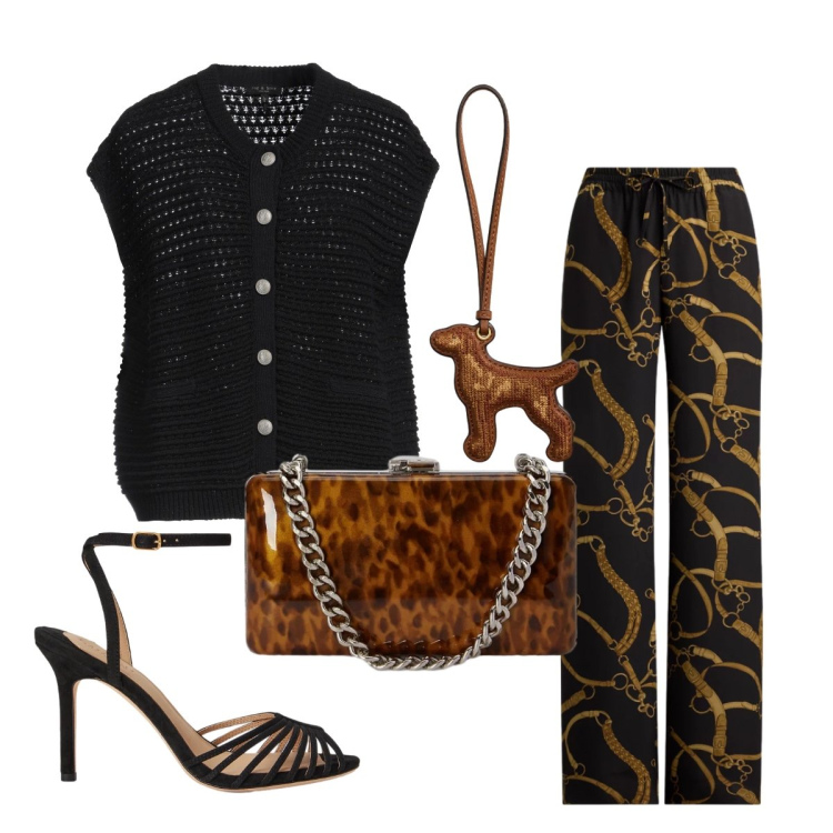 Outfit donna - Cardigan in maglia. Stile Chic per Serata fuori. Abbinamento con cardigans, clutch, sandali col tacco, ciondoli, pantaloni.