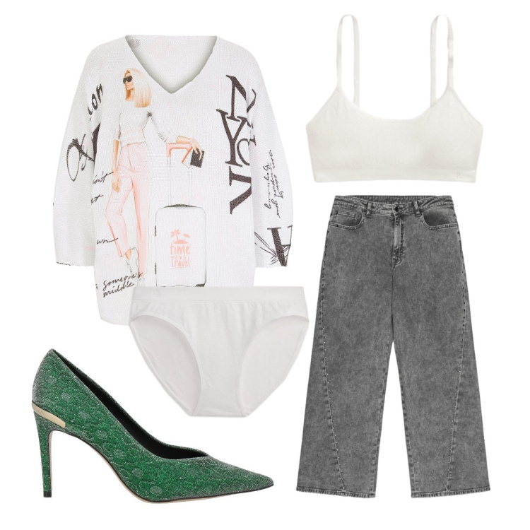 Outfit donna - Summer style. Stile Casual chic per Serata fuori. Abbinamento con décolleté, maglieria, jeans, culotte, reggiseni.