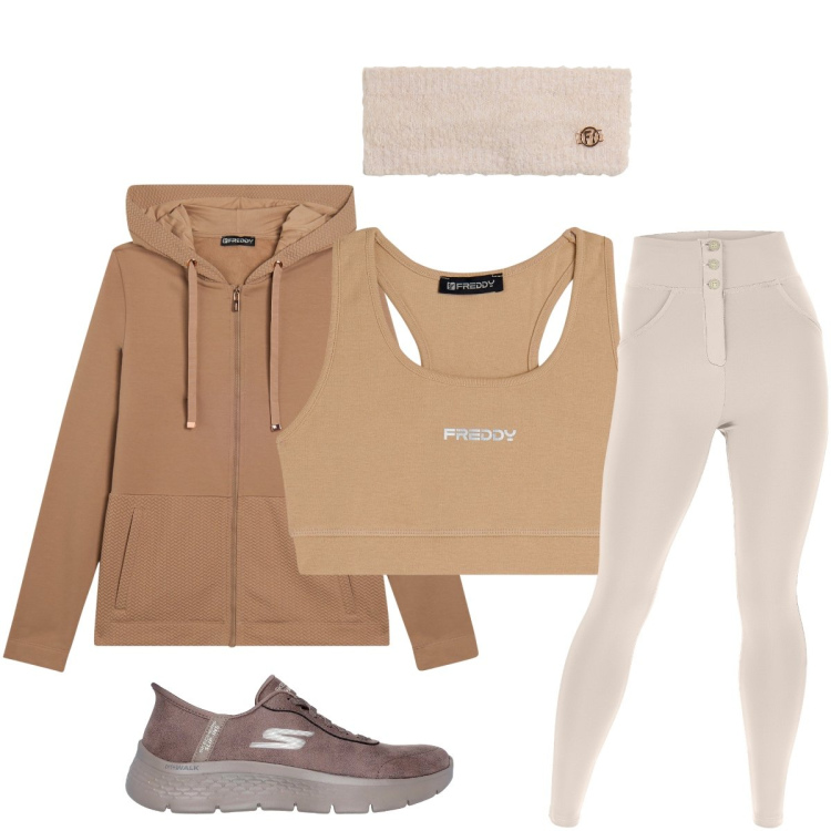 Outfit donna - Corso di pilates con Freddy. Stile Casual per Sport. Abbinamento con pantaloni skinny, felpe con cappuccio, fasce per capelli, top sportivi, scarpe sportive.