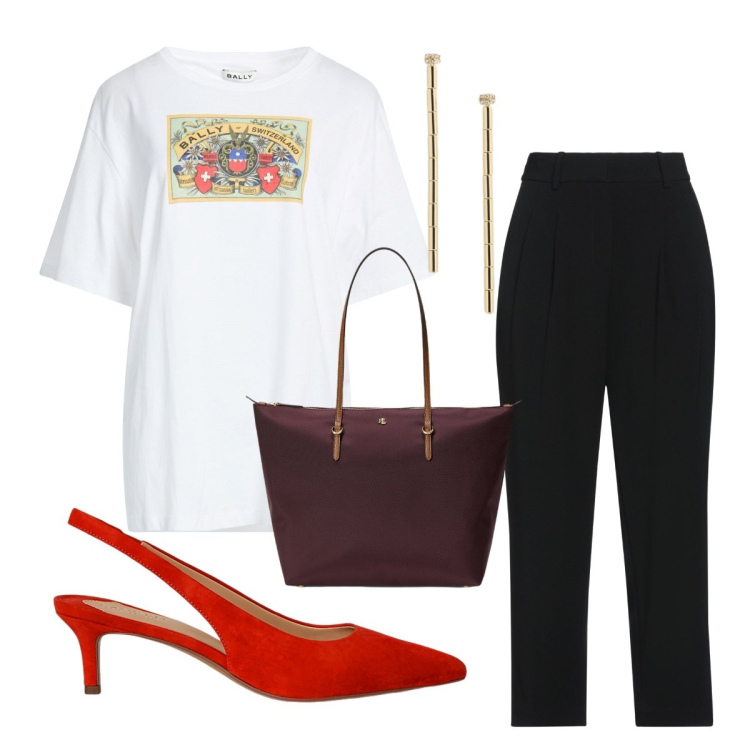 Outfit donna - Red curvy. Stile Basic per Ufficio. Abbinamento con pantaloni, t-shirt, décolleté, orecchini, borse tote.
