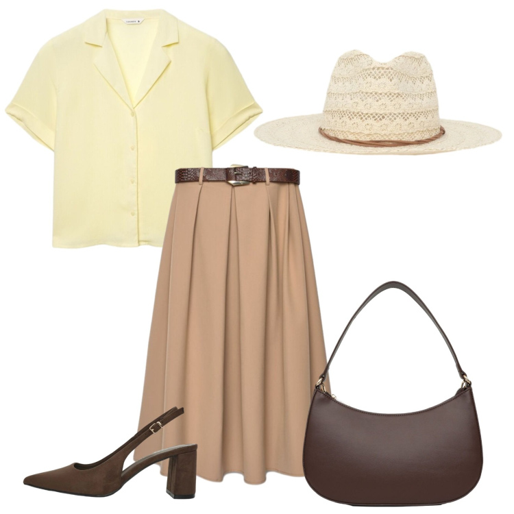 Outfit donna - Total look #2457804. Stile Casual chic per Tutti i giorni. Abbinamento con camicie a manica corta, cappelli, borse a tracolla, décolleté, gonne lunghe.