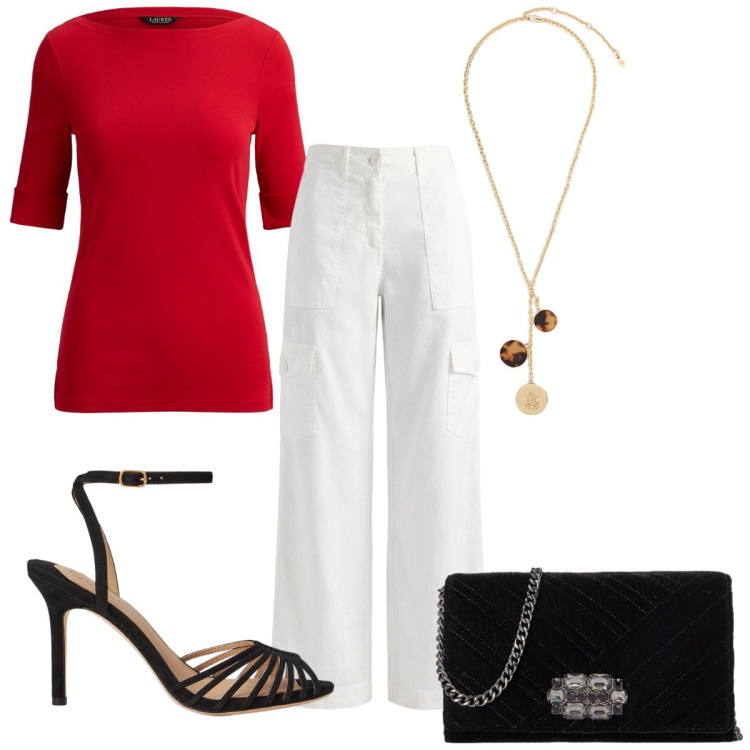 Outfit donna - Total look #2457808. Stile Casual chic per Tutti i giorni. Abbinamento con pantaloni cargo, t-shirt, sandali col tacco, collane, borse a tracolla.