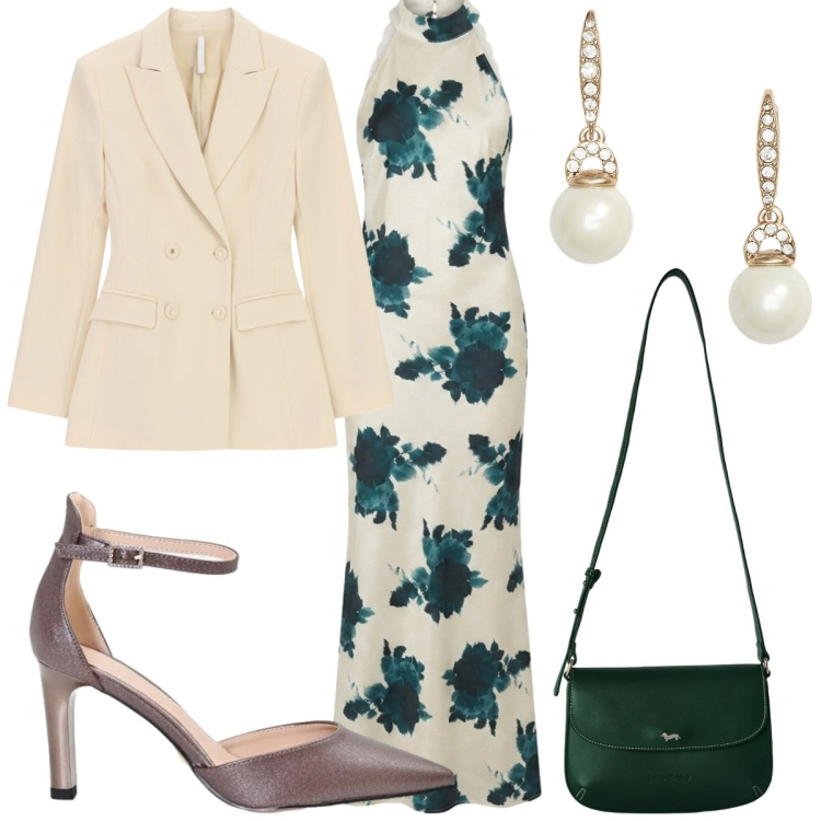 Outfit donna - Total look #2457811. Stile Glamour per Cerimonia. Abbinamento con borse a tracolla, blazer, vestiti lunghi, orecchini, décolleté.