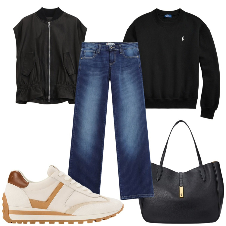 Outfit donna - Total look #2457813. Stile Casual per Tutti i giorni. Abbinamento con jeans dritti, gilet, sneakers, borse tote, felpe.
