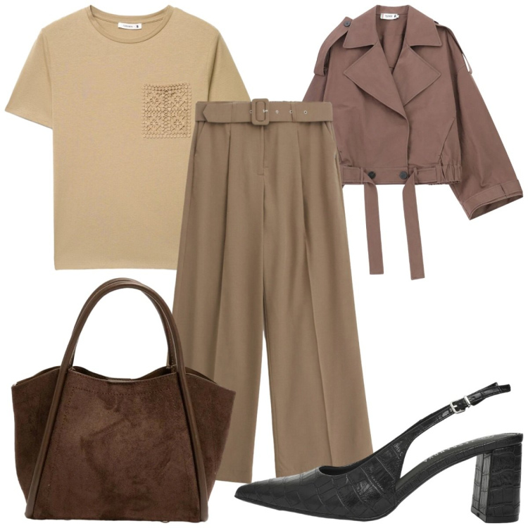 Outfit donna - Total look #2457815. Stile Casual per Ufficio. Abbinamento con t-shirt, décolleté, pantaloni a palazzo, cappotti, borse a spalla.
