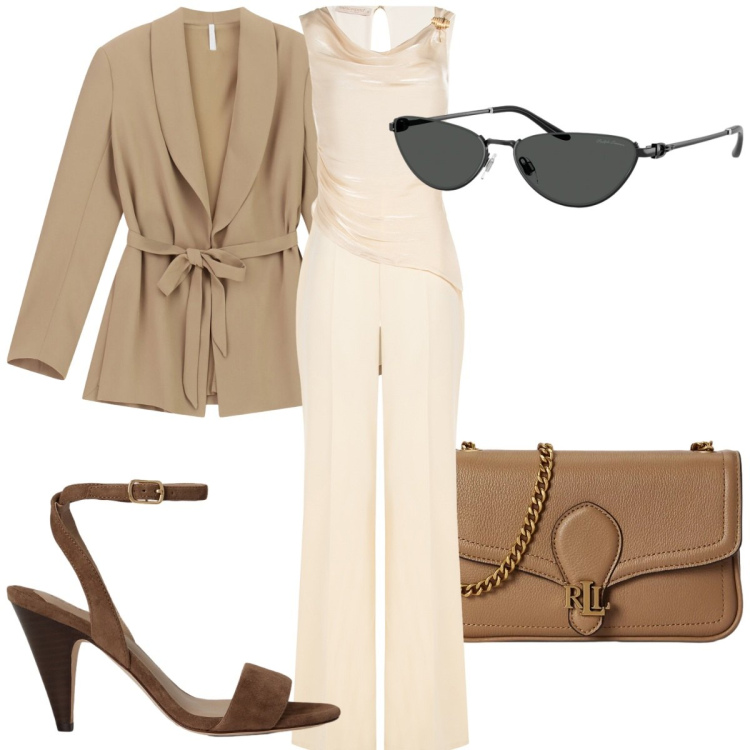 Outfit donna - Total look #2457818. Stile Trendy per Tutti i giorni. Abbinamento con blazer, occhiali da sole, sandali in pelle, borse a tracolla, tute.
