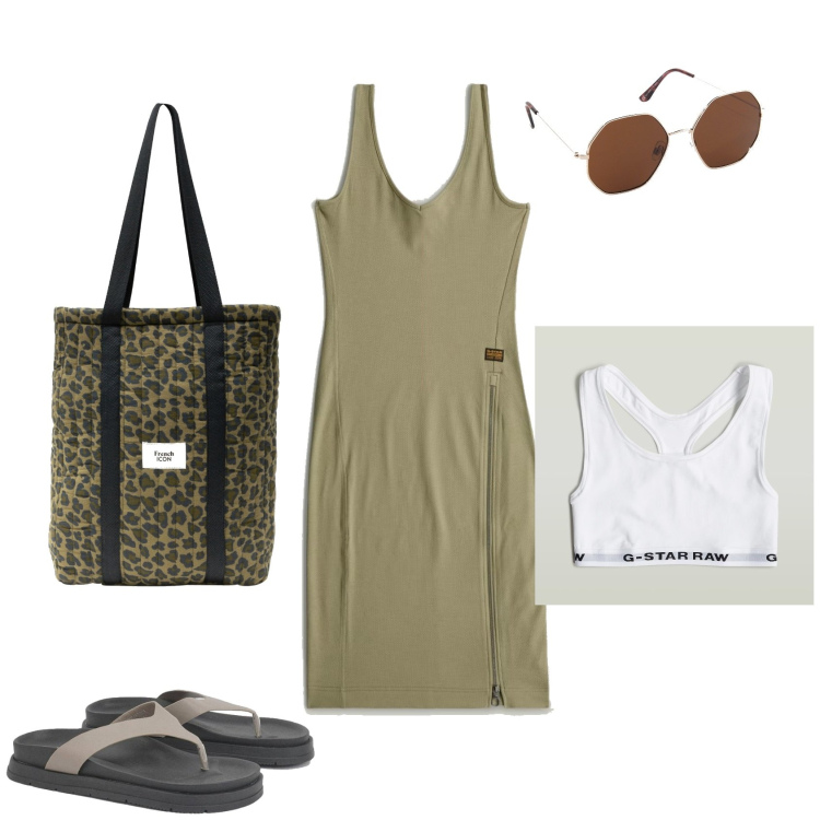 Outfit femme - Kaki. Style Casual pour Tous les jours. Assortir avec tong, lunettes de soleil, sac cabas, robes asymétriques, bralette.