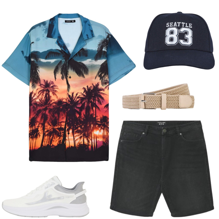 Outfit uomo - Total look #2457831. Stile Trendy per Tutti i giorni. Abbinamento con cinture, cappelli con visiera, camicie a manica corta, pantaloni corti, sneakers.
