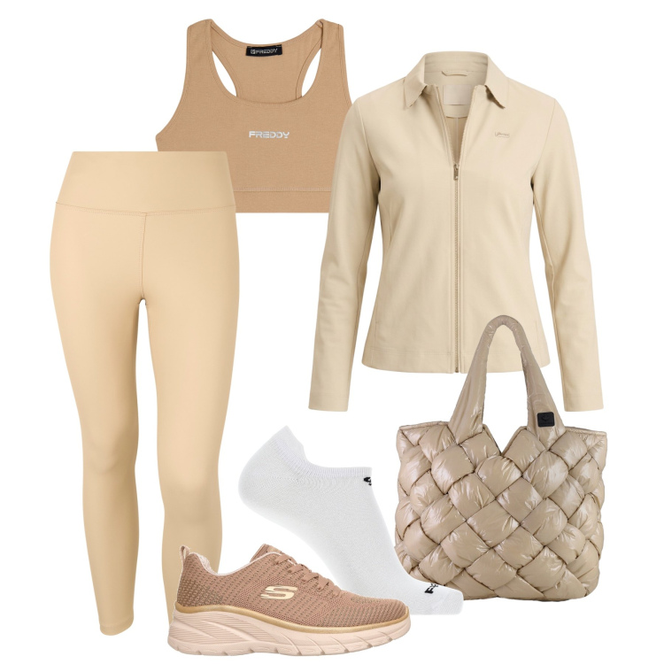 Outfit donna - Sessione di pilates. Stile Casual per Sport. Abbinamento con felpe, leggings, top sportivi, calzini, borse tote, sneakers.