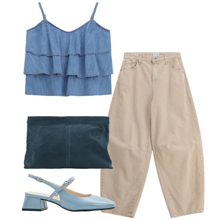 Outfit donna - Blu e beige. Stile Casual chic per Tutti i giorni. Abbinamento con décolleté, pochette, jeans, top.