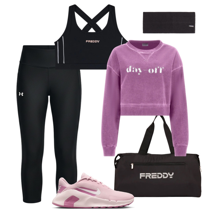 Outfit donna - Back to Pilates Class. Stile Trendy per Sport. Abbinamento con felpe, accessori per capelli, borse sportive, top, leggings, sneakers.