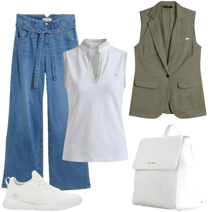 Outfit donna - Athleisure raffinato-viaggi/tempo libero. Stile Sporty chic per Tutti i giorni. Abbinamento con zaini, jeans, sneakers, polo, gilet.