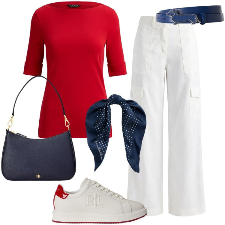 Outfit donna - Total look #2457866. Stile Casual chic per Tutti i giorni. Abbinamento con pantaloni cargo, cinture, foulard, borse a spalla, t-shirt, sneakers.