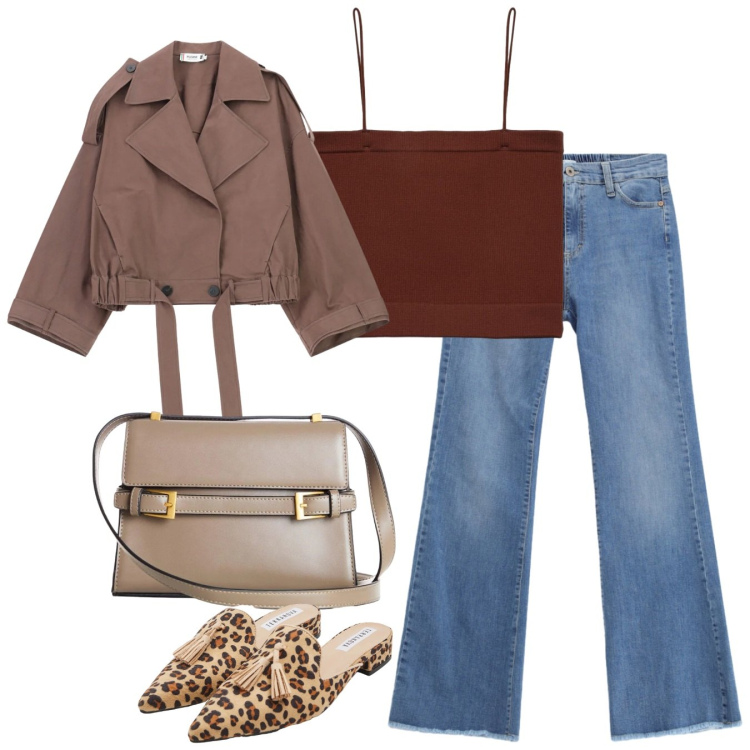 Outfit donna - Rientro chic. Stile Casual chic per Tutti i giorni. Abbinamento con borse a tracolla, sabot, top, jeans, cappotti.