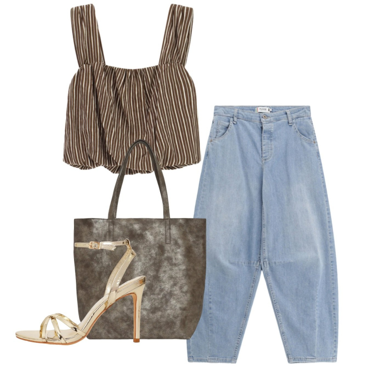 Outfit donna - Top a righe. Stile Casual chic per Tutti i giorni. Abbinamento con shopping bag, sandali col tacco, top, jeans.