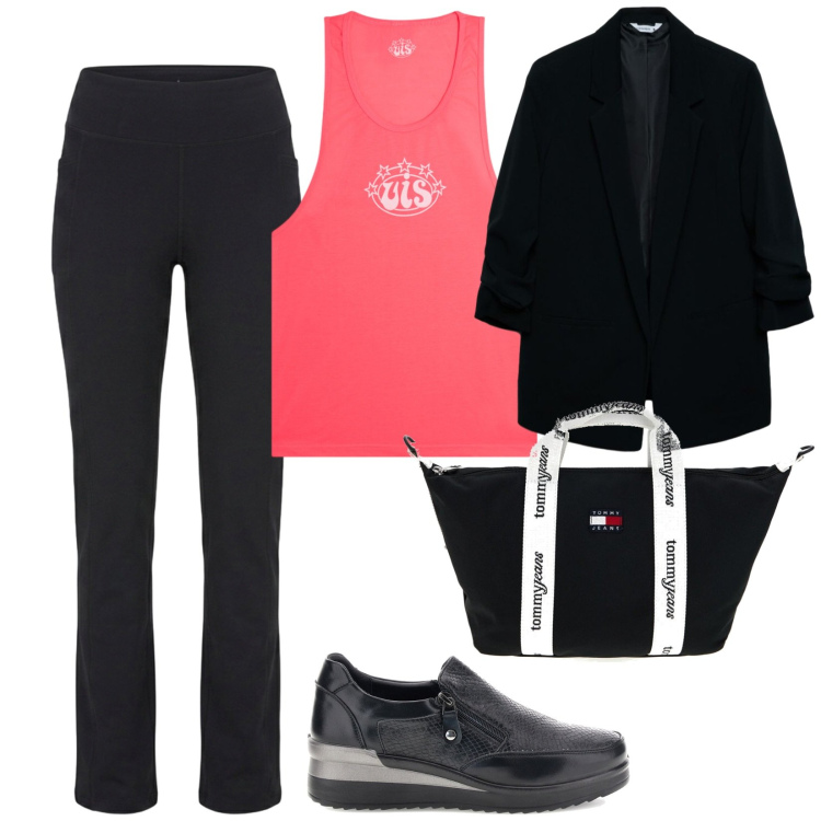 Outfit donna - Comoda e sportiva. per Sport. Abbinamento con blazer, canottiere, shopping bag, pantaloni, sneakers.
