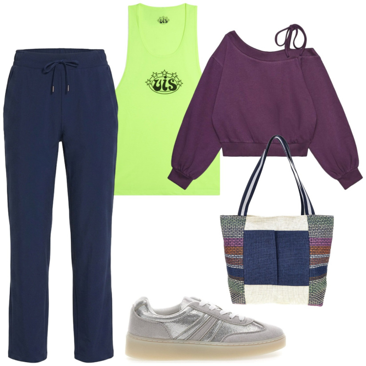 Outfit donna - Sportiva a colori. per Sport. Abbinamento con felpe, canottiere, sneakers, shopping bag, pantaloni.