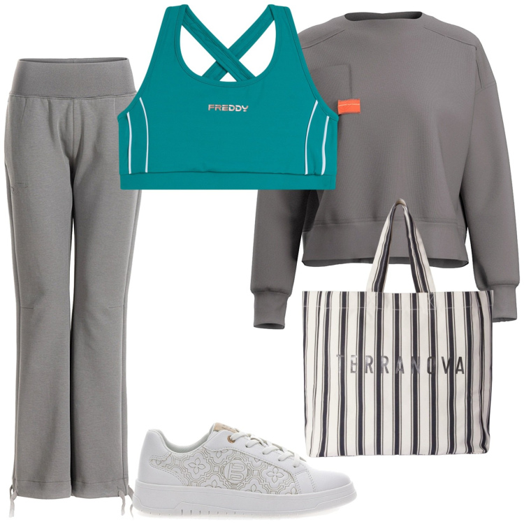 Outfit donna - Sport. per Sport. Abbinamento con shopping bag, top, sneakers, felpe, pantaloni.